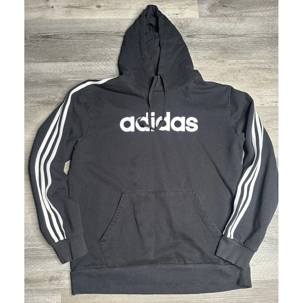 Adidas Three Stripe Hoodie Men's XL Black Pullover Spell Out Logo